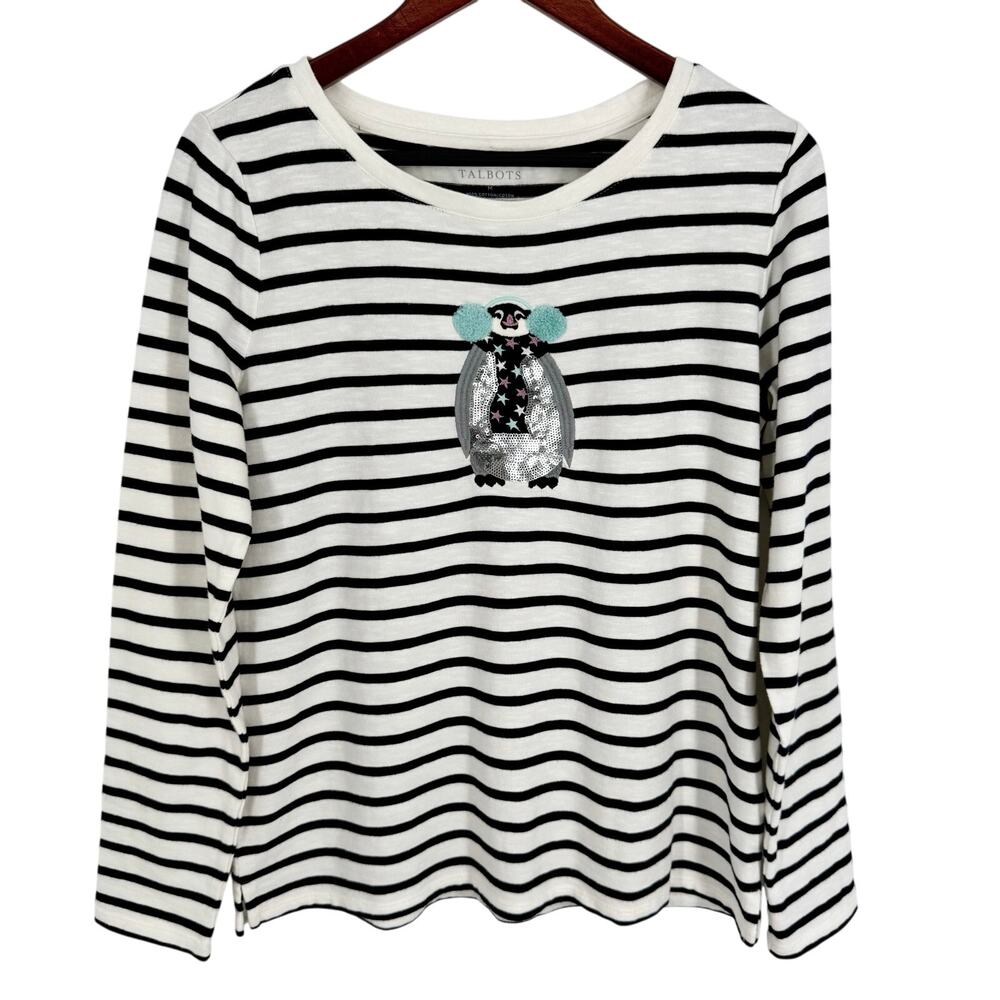 Talbots Sz Medium Christmas Festive Penguin Holiday Blouse Shirt Top Winter Snow